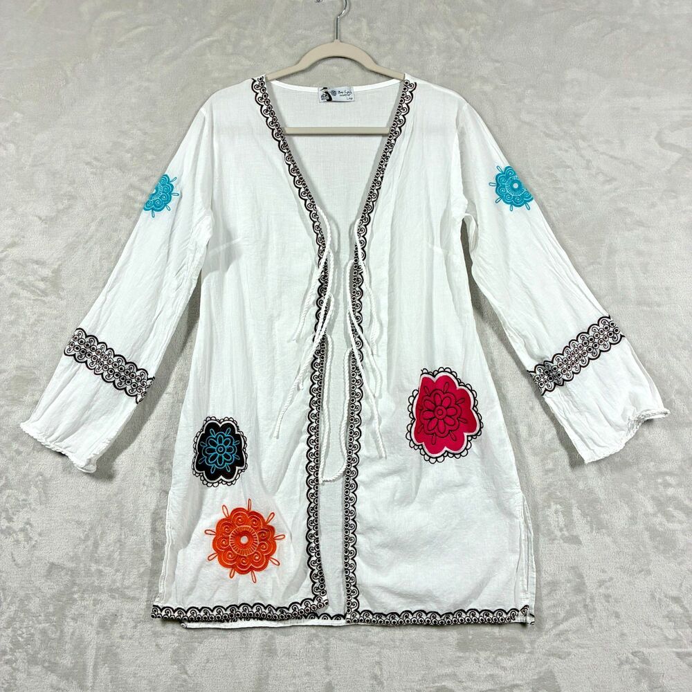 Mud Pie Bag Lady White Embroidered Tie Front Tunic Cover Up Large Boho Beach